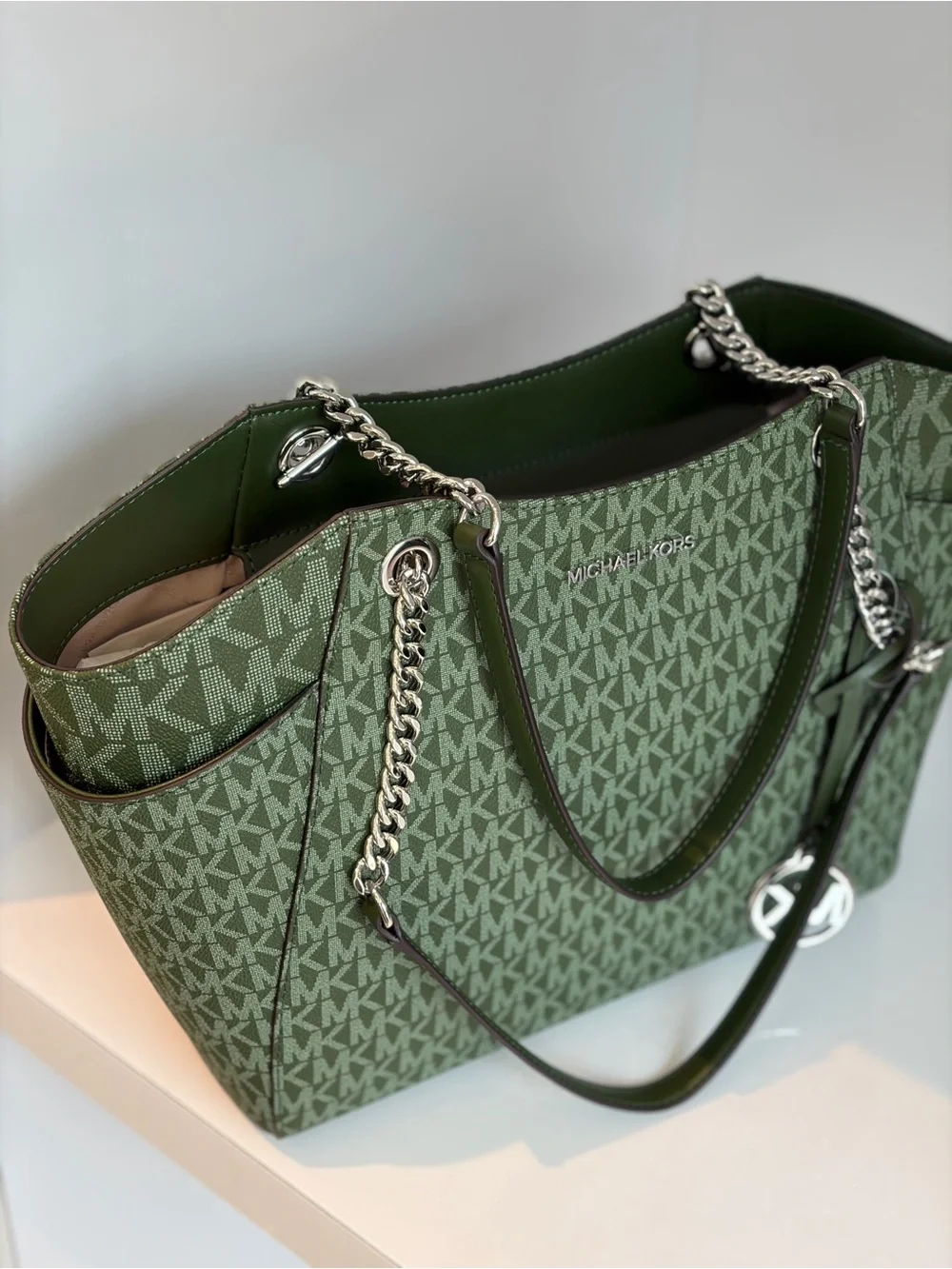 Michael Kors Olive Green MK Signature Chain-Accent Tote Shoulder Bag